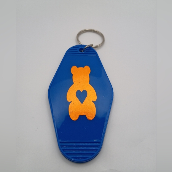 Handmade Accessories - Motel Keychain Custom Retro Styled Blue Orange Holographic Vinyl Bear Keyring
